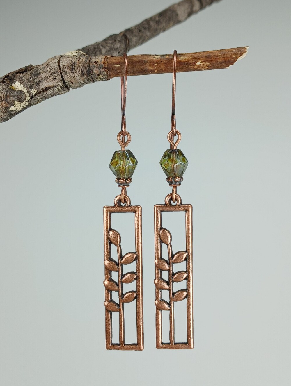 Moss Green Czech Glass Copper Botanical Leaf Earrings Hand Crafted - Picture 4 of 6
